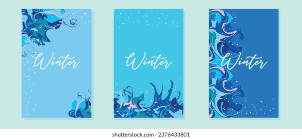 Set of abstract winter backgrounds for social media stories. Colorful winter banners with falling snowflakes and swirls. Winter scenes. Winter background for event invitations, discount vouchers