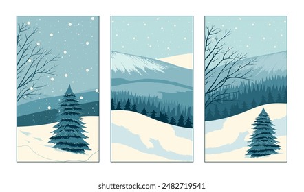 Set of abstract winter backgrounds for social media stories. Colorful winter banners with snowy scenes. Best for banner, flyer, invitation, discount voucher, ad. Vector eps 10