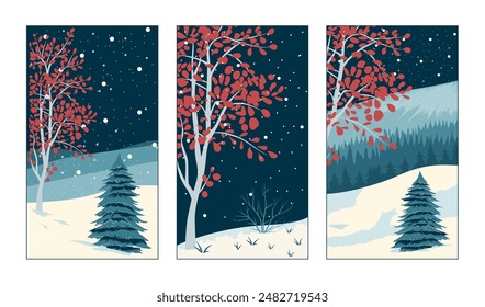 Set of abstract winter backgrounds for social media stories. Colorful winter banners with snowy scenes. Best for banner, flyer, invitation, discount voucher, ad. Vector eps 10