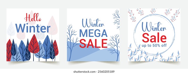 Set of abstract winter backgrounds for social media post frame for ads, event invitation, promotion. Winter holidays square templates. Winter banners with falling snowflake, red berries, wintry scenes