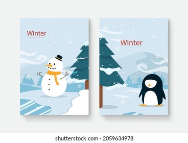 Set of abstract winter backgrounds for universal template. Colorful winter banners with falling snowflakes, snowy trees. Wintry scenes . Use for event invitation, discount voucher, ad.