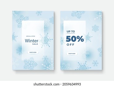 Set of abstract winter backgrounds for universal template. Colorful winter banners with falling snowflakes, snowy trees. Wintry scenes . Use for event invitation, discount voucher, ad.