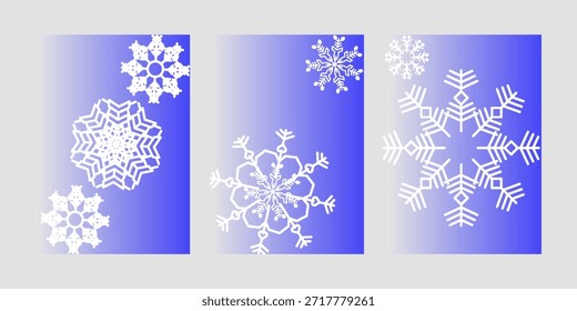 Conjunto de fundo de cartazes de Natal de gradiente de inverno abstrato. Capa minimalista com flocos de neve em um fundo azul. Para festivais, cartões, promoções, Feliz Ano Novo, e publicidade. Vetor