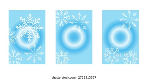 Conjunto de fundo de cartazes de Natal de gradiente de inverno abstrato. Capa minimalista com flocos de neve em um fundo azul. Para festivais, cartões, promoções, Feliz Ano Novo, e publicidade. Vetor