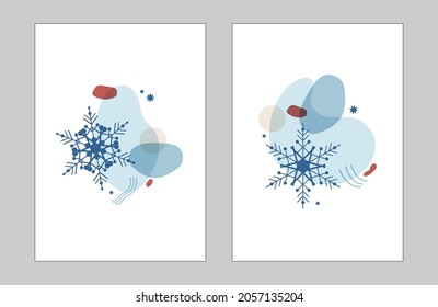 Set abstract winter illustration of shapes and snowflakes in blue with a red. Vertical decor for cards, posters, invitations, banners, social networks for Christmas and New Year. Vector isolated