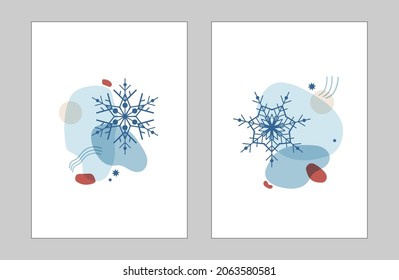 Set abstract winter illustration of shapes and snowflakes in blue with a red. Vertical decor for cards, posters, invitations, banners, social networks for Christmas and New Year. Vector isolated 
