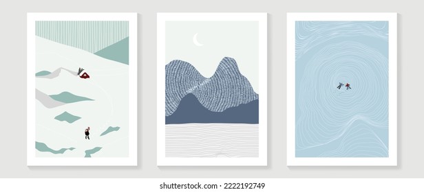 Set of abstract winter landscape wall art. Collection of mountains with snow, house, skier. Design suitable for wall decoration, interior, poster, print, cover, wallpaper. Vector illustration.