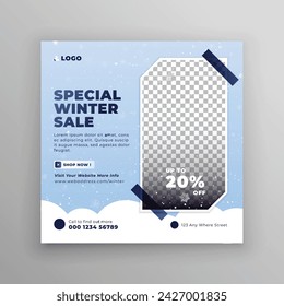 Set of abstract winter sale social media stories square templates. Cyan and white color winter banners. Use for event invitation, discount voucher, ad. 