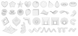 Set Of Abstract Wireframe 3D Geometric Shapes. Mesh Grids. Cube, Drop, Spiral, Mountain Landscape, Star, Heart, Distorted Planes, Funnel. Graphic Design Elements Isolated On White. Editable Strokes.