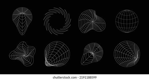 Set of abstract wireframe 80s style. Retro futuristic technology in grid line for graphic element. Collection of 3D mesh illustration design form