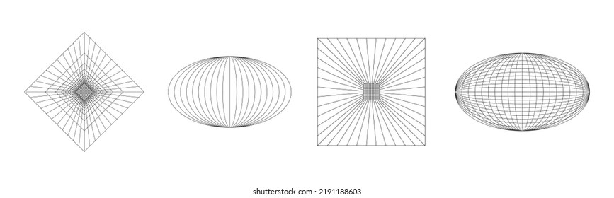 Set Of Abstract Wireframe 80s Style. Retro Futuristic Technology In Grid Line For Graphic Element. Collection Of 3D Mesh Illustration Design Form