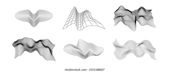 Set of abstract wireframe 80s style. Retro futuristic technology in grid line for graphic element. Collection of 3D mesh illustration design form