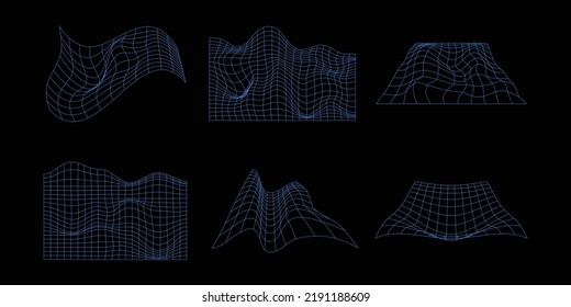 Set of abstract wireframe 80s style. Retro futuristic technology in grid line for graphic element. Collection of 3D mesh illustration design form