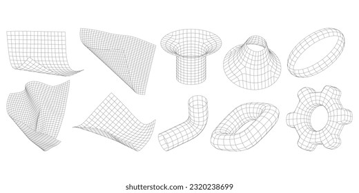 A set of abstract wireframe forms. Cyber-neo-futuristic grids, three-dimensional mesh objects. Distorted, crumpled, deformed plane, gear, pipe, ring. Vector Graphic elements in 80s cyberpunk style