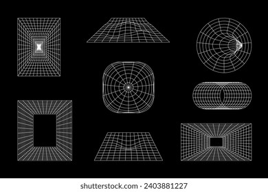 Set of abstract wireframe shape grid in y2k style.Black white retro futuristic collection for design.Vector stock illustration.