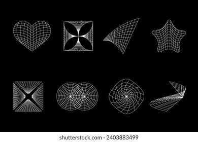 Set of abstract wireframe shape grid in y2k style.Black white retro futuristic collection for design.Vector stock illustration.