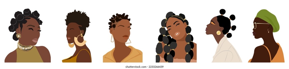 Set of Abstract woman portraits. Black Girl faces with stylish afro haircut and modern accessories isolated on white background. Beauty logo, avatars, wall art, posters, stickers template.