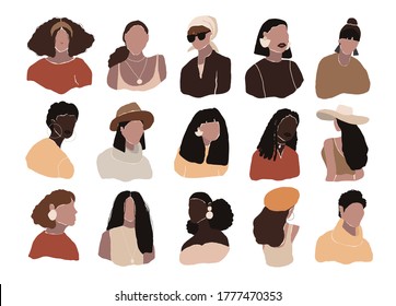 Set of abstract woman portraits isolated on white background. Modern young feminine woman fashion minimal trendy people face in flat style. Vector hand drawn illustration