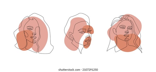 Set of Abstract Womans faces one continuous line drawing. Surreal elegance females portraits in doodle linear style for print t-shirt, slogan design, fashion posters, postcards. Vector illustration
