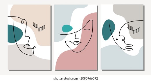 Set of abstract women face wall art. One continuous line abstract girl face wall decor. Aesthetic girl Vintages face wall Decorations.