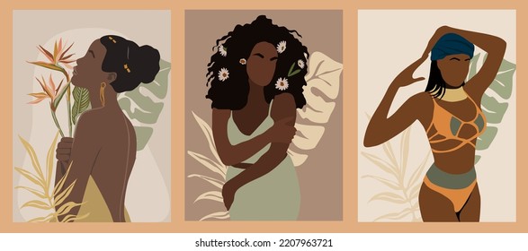 Set of Abstract women portraits. Beautiful girls with tropical leaves and flower. Trendy modern vector illustration wall arts in earth tone colors. Template for cards, covers, posters, banners.