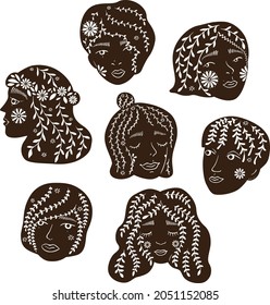Set of abstract women portraits in a simple linocut style, black and white silhouette style drawing. Vector illustration collection. Natural beauty, eco life, body positive. Print, social network.