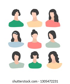 Set of abstract women without face with  modern and retro haircuts. Vector avatars isolated on white background.