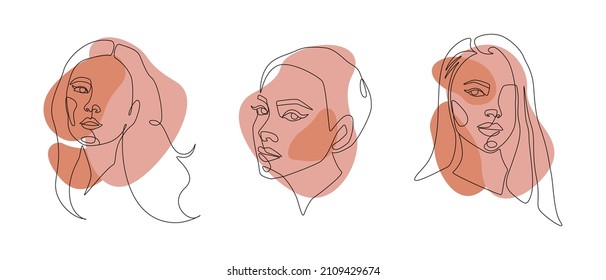 Set of Abstract Womens faces one continuous line drawing. Stylized elegance females portraits in simple linear style for print t-shirt, slogan design, fashion posters, postcards. Vector illustration