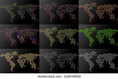 Set of abstract world maps with dots on black background. Vector Illustration