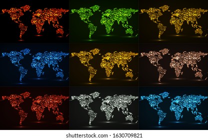 Set of abstract world maps with glowing particles. Vector illustration