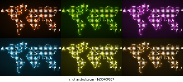 Set of abstract world maps with glowing dots. Vector illustration