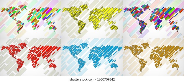 Set of abstract world maps with lines. World stripes map. Vector Illustration