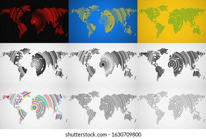 Set of abstract world maps of radial lines, technology style. Vector Illustration