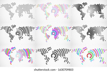 Set of abstract world maps with radial lines, technology style. Vector illustration