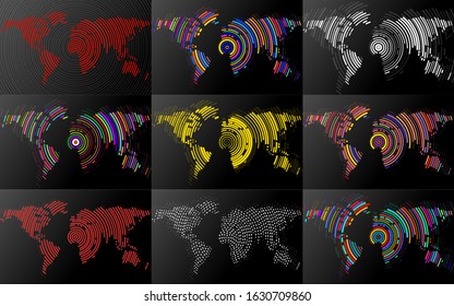 Set of abstract world maps with radial lines. Vector illustration