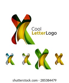 Set of abstract X letter company logos. Business icons made of overlapping flowing waves. Light color modern minimal design