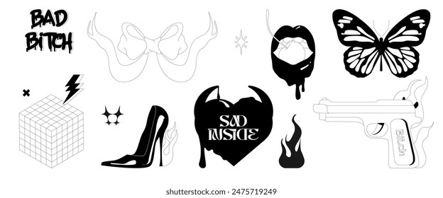 Set of abstract y2k flames, heart, shapes and other elements in trendy  hand drawn tattoo print, stickers. Black and white colors.