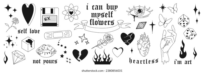 Set of abstract y2k hearts, flames, flowers, shapes and other elements in trendy psychedelic style. Vector hand drawn tattoo print, stickers. Black and white colors.