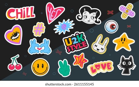 Set of abstract y2k patches. Retro futuristic stickers with smiling emoji, gesture, heart and black cat. Groovy design elements for print. Flat vector illustration collection isolated on background