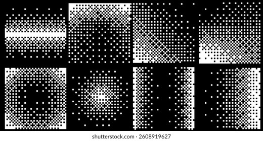 Set of Abstract Y2K Pixel Gradation Dithering Halftone Fade Gradation Effect Graphic Design Elements. Bitmap Raster Dithering Transition Effect. Bold Brutalist Design. Vector Illustration.