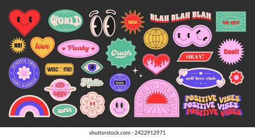 Set of abstract y2k shapes and badges. Geometric templates, smiling faces, flowers, hearts, patches. Groovy and psychedelic stickers. Fun graphic for poster and collage design. Vector illustration