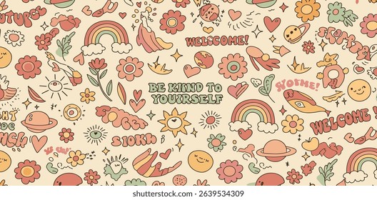 Set of abstract y2k shapes and badges. Geometric templates, smiling faces, flowers, hearts, patches. Groovy and psychedelic stickers. Fun graphic for poster and collage design