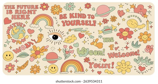 Set of abstract y2k shapes and badges. Geometric templates, smiling faces, flowers, hearts, patches. Groovy and psychedelic stickers. Fun graphic for poster and collage design