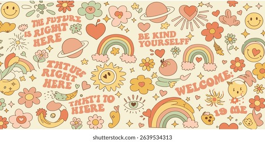Set of abstract y2k shapes and badges. Geometric templates, smiling faces, flowers, hearts, patches. Groovy and psychedelic stickers. Fun graphic for poster and collage design