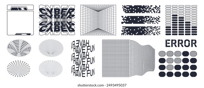 Set of abstract y2k shapes, frames. Elements in trendy retro style for websites, flyers, posters, etc.