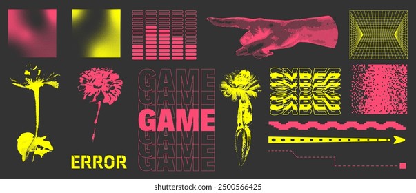 Set of abstract y2k shapes, frames, flowers. Elements in trendy retro style.