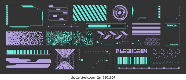 Set of abstract y2k shapes, frames. Elements in trendy retro style for websites, flyers, posters, etc.