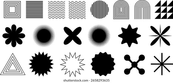 Satz abstrakter Y2K-Vektorformen. Sterne und geometrische Formen im Retro-Stil. Vorlagen für Logos, Abzeichen, Notizen, Poster, Banner, Aufkleber und Visitenkarten