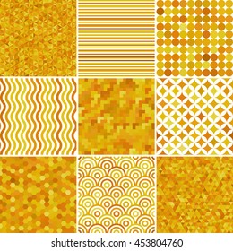 Set of abstract yellow background, 9 geometric pattern, vector illustration. Texture can be used for printing onto fabric and paper.