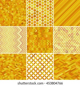 Set of abstract yellow background, 9 geometric pattern, vector illustration. Texture can be used for printing onto fabric and paper.